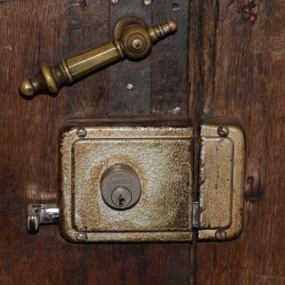 Portion of an old wooden door, featuring an antique brass handle and a deadbolt lock.