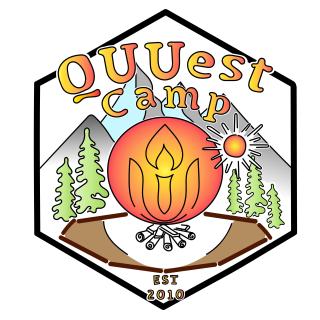 QUUest Camp: campfire circle with UUA logo flame, in front of pine trees and mountains. 