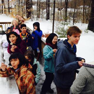 Junior Youth Group from Old Ship Church in Hingham, MA, enjoy maple sugaring