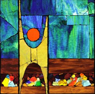 A glass mosaic window from the UU congregation in Muncie, Indiana depicting the Humanist symbol.