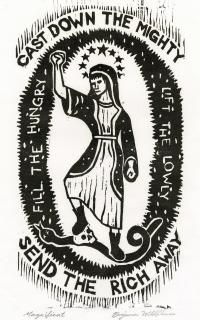 A sketch of Mary, with a crown of stars and a fist raised. Around her are the words "Cast down the mighty" and "Send the rich away"