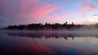 Steam rises from a placid lake while the sunrise lights the sky.