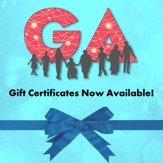 Golden "GA" logo with a gold ribbon and the text "Gift Certificates Now Available"
