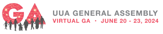 Red letters G and A, with silhouette shapes of people in front, with text "UUA General Assembly Virtual GA - June 20-23, 2024"