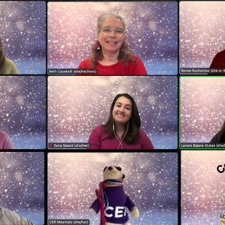 Zoom photo of CER Staff. Headshots of 8 people and a stuffed meerkat each in their own box.